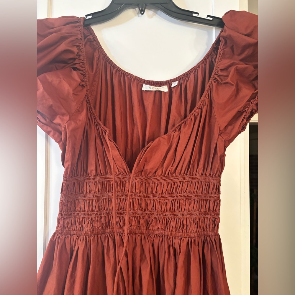 Doen Quinn cotton poplin puff sleeve midi dress in Amberwood rust - Picture 6 of 9